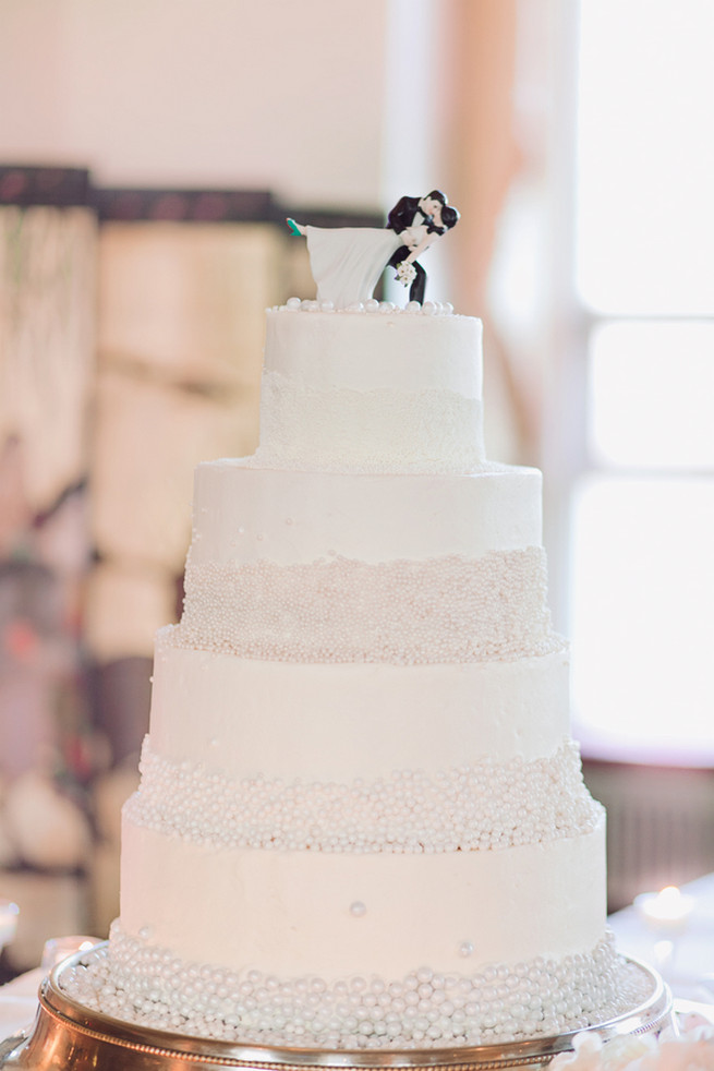 Four tier all white wedding cake with pearls - Lindsey K Photography