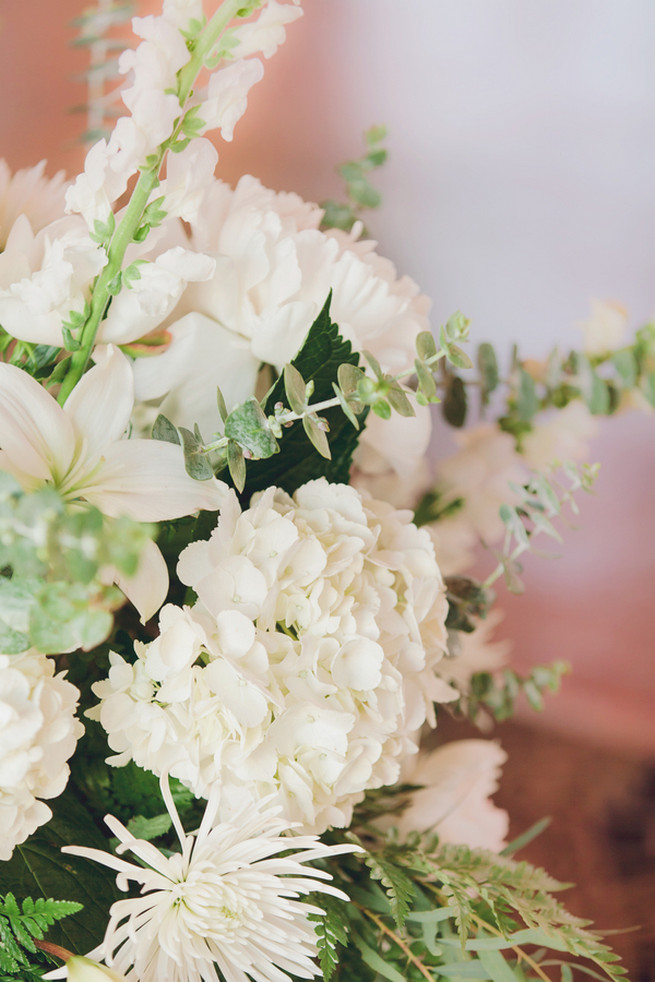White hydrangea, spider mums, white peony floral wedding centerpiece - Lindsey K Photography