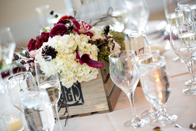 Florals in wooden crates - Beautiful Burgundy and Tan Wedding - Molinski Photo