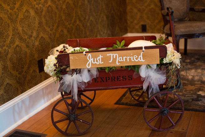 Just married wooden cart - Beautiful Burgundy and Tan Wedding - Molinski Photo