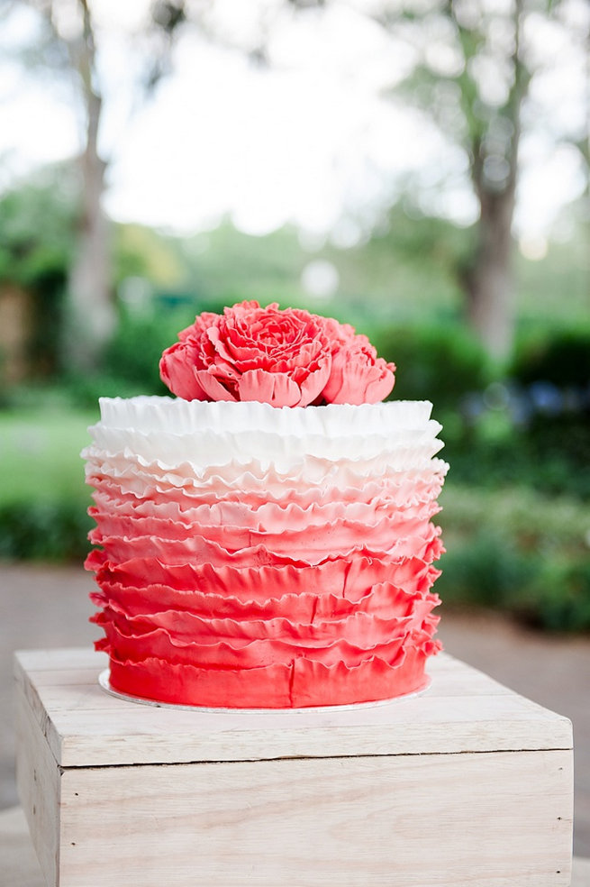 Peach and white ruffled wedding cake with peony topper. Coral and Green South African Wedding // D'amor Photography