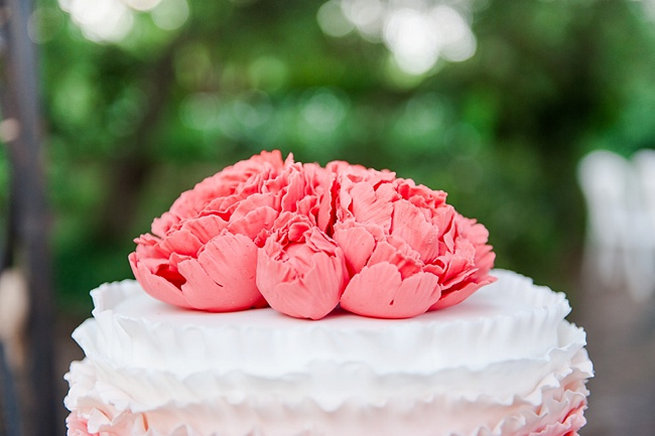 Peach and white ruffled wedding cake with peony topper. Coral and Green South African Wedding // D'amor Photography