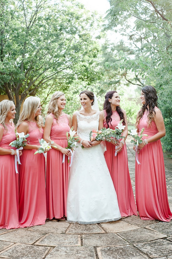 Full length coral bridesmaid dresses . Coral and Green South African Wedding // D'amor Photography