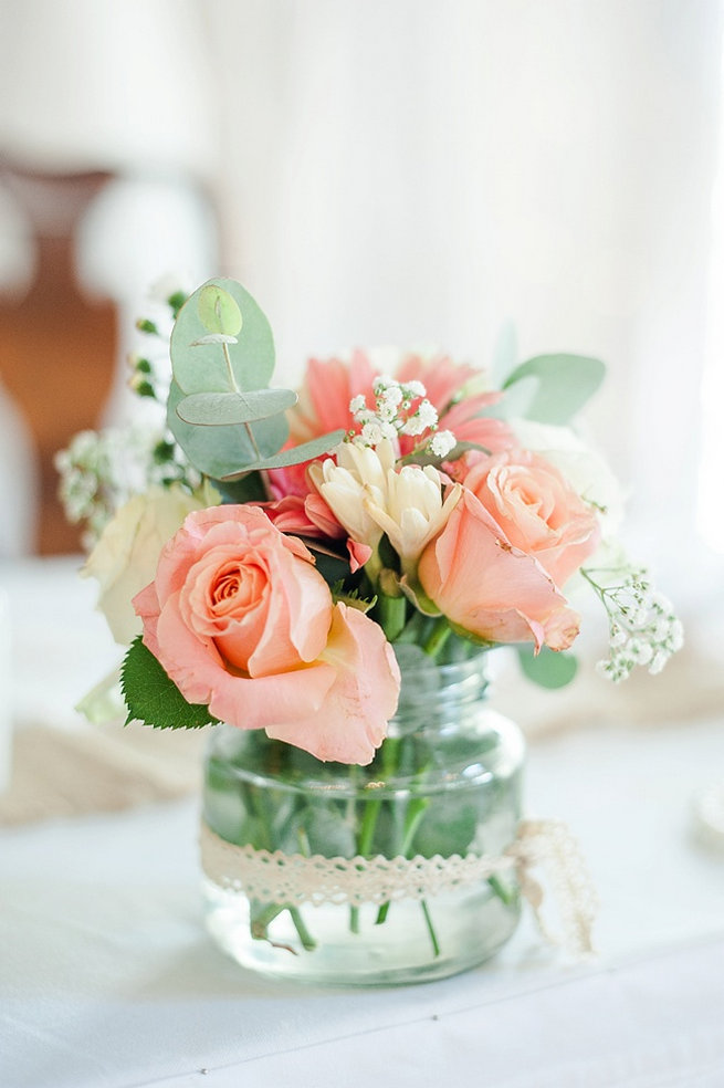 Peach roses, babys breath, eucalyptus / Coral and Green South African Wedding // D'amor Photography