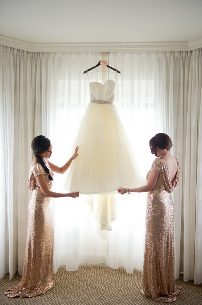 Rose Gold Badgley Mischka bridesmaid dresses in glitter / Blush and Gold Romantic, Glitzy Wedding - Andi Diamond Photography 