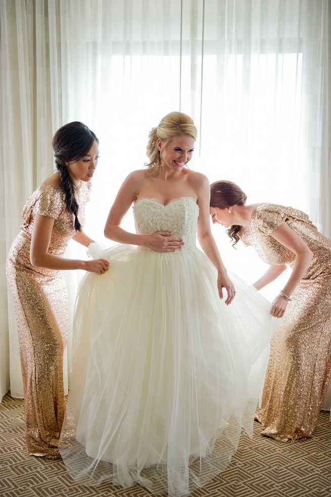 Rose Gold Badgley Mischka bridesmaid dresses in glitter / Blush and Gold Romantic, Glitzy Wedding - Andi Diamond Photography 