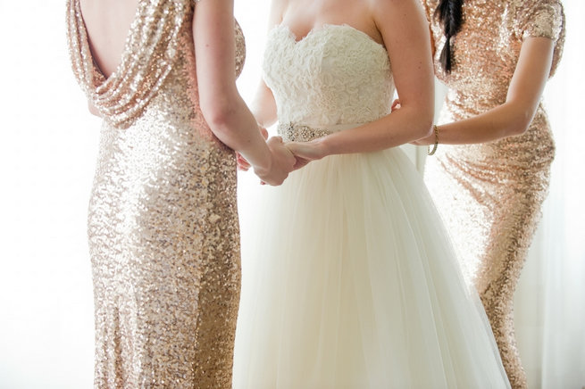 Rose Gold Badgley Mischka bridesmaid dresses in glitter / Blush and Gold Romantic, Glitzy Wedding - Andi Diamond Photography 