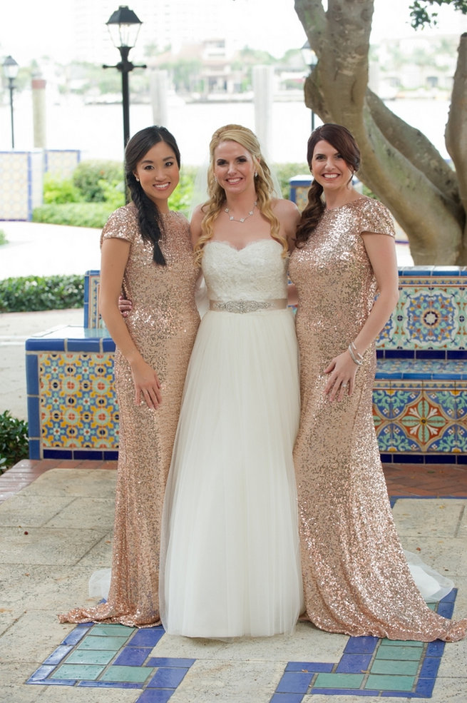 Rose Gold Badgley Mischka bridesmaid dresses in glitter / Blush and Gold Romantic, Glitzy Wedding - Andi Diamond Photography 