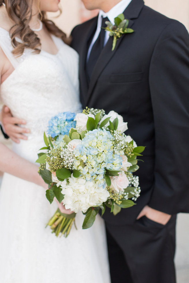 Roses, Hydrangea, babys breath white, blue and green bouquet. Modern Urban Wedding at Old Cigar Warehouse / Ryan and Alyssa Photography