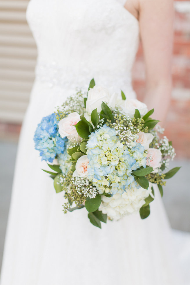 Roses, Hydrangea, babys breath white, blue and green bouquet. Modern Urban Wedding at Old Cigar Warehouse / Ryan and Alyssa Photography