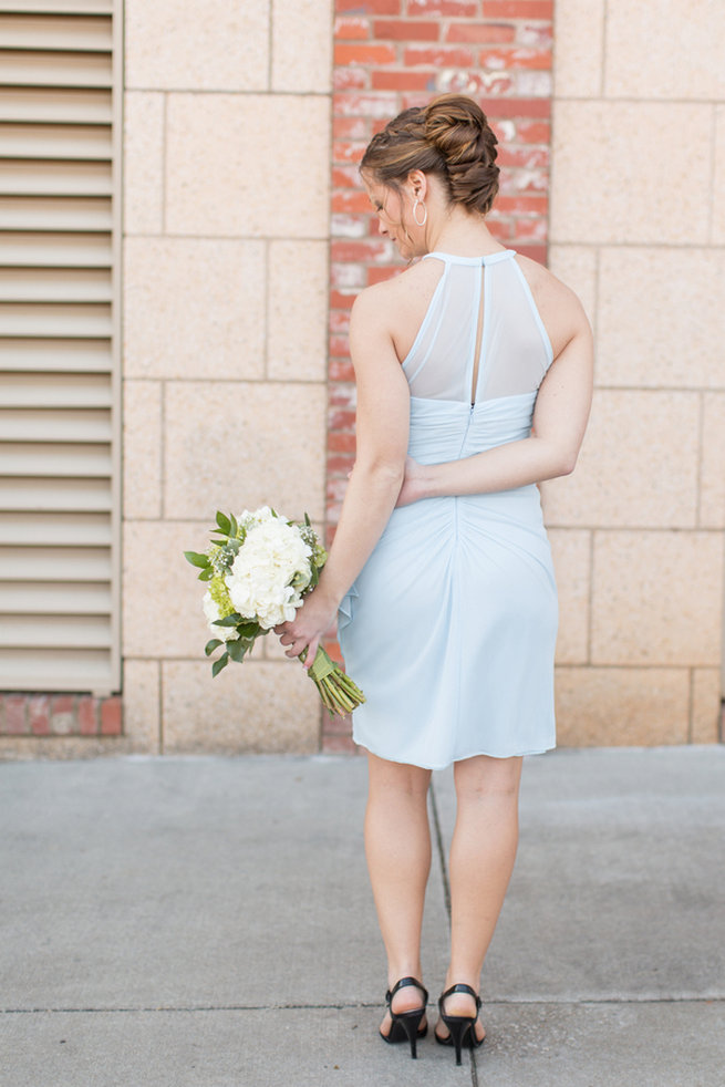 Short blue bridesmaid dress. Modern Urban Wedding at Old Cigar Warehouse / Ryan and Alyssa Photography