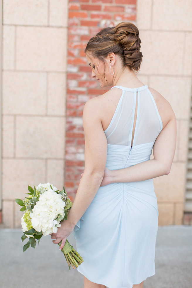Pale blue bridesmaid dress. Modern Urban Wedding at Old Cigar Warehouse / Ryan and Alyssa Photography