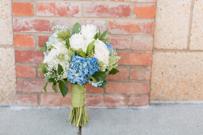 Roses, Hydrangea, babys breath white, blue and green bouquet. Modern Urban Wedding at Old Cigar Warehouse / Ryan and Alyssa Photography