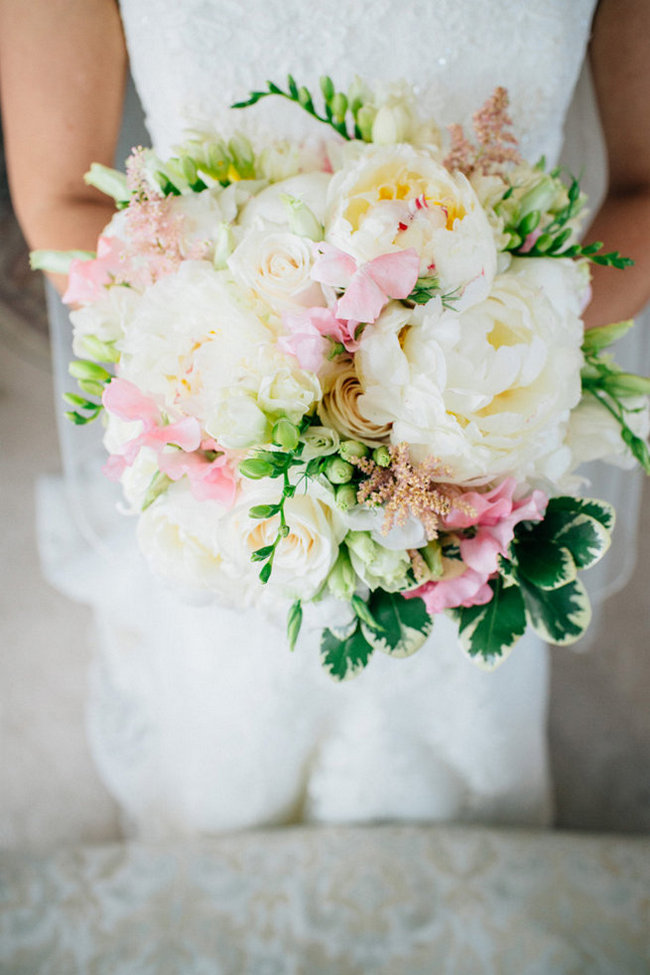 Breathtaking Wedding Bouquet Recipe: White peony, white roses and pink spring blossoms. Click to blog for more gorgeous bouquet ideas. 