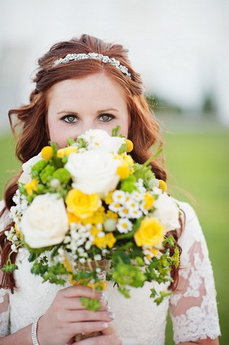 Breathtaking Wedding Bouquet Recipe: Yellow roses, white roses, yellow billies balls (crespedia), wild flowers and greens. Click to blog for more gorgeous bouquet ideas.