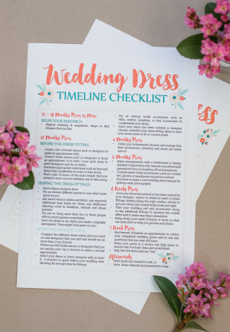 This free wedding dress planning timeline printable is a cute checklist AND printable worksheet to add wedding dress contacts & fitting details! Get it now: https://confettidaydreams.com/wedding-dress-planning-timeline