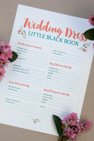 This free wedding dress planning timeline printable is a cute checklist AND printable worksheet to add wedding dress contacts & fitting details! Get it now: https://confettidaydreams.com/wedding-dress-planning-timeline