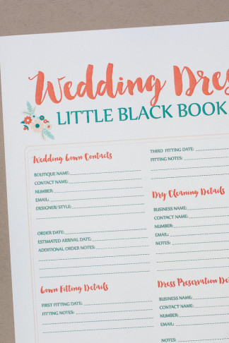 This free wedding dress planning timeline printable is a cute checklist AND printable worksheet to add wedding dress contacts & fitting details! Get it now: https://confettidaydreams.com/wedding-dress-planning-timeline