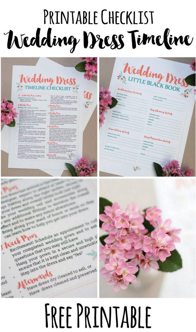 This free wedding dress planning timeline printable is a cute checklist AND printable worksheet to add wedding dress contacts & fitting details! Get it now: https://confettidaydreams.com/wedding-dress-planning-timeline