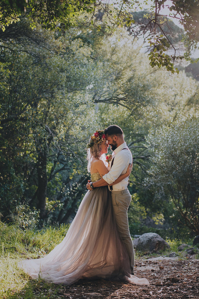 Alternative Bride in Gold + Purple Wedding Dress Rocking Lilac Hair