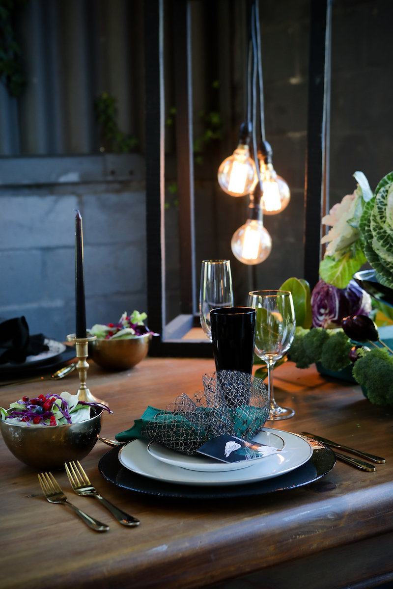 purple and black wedding table