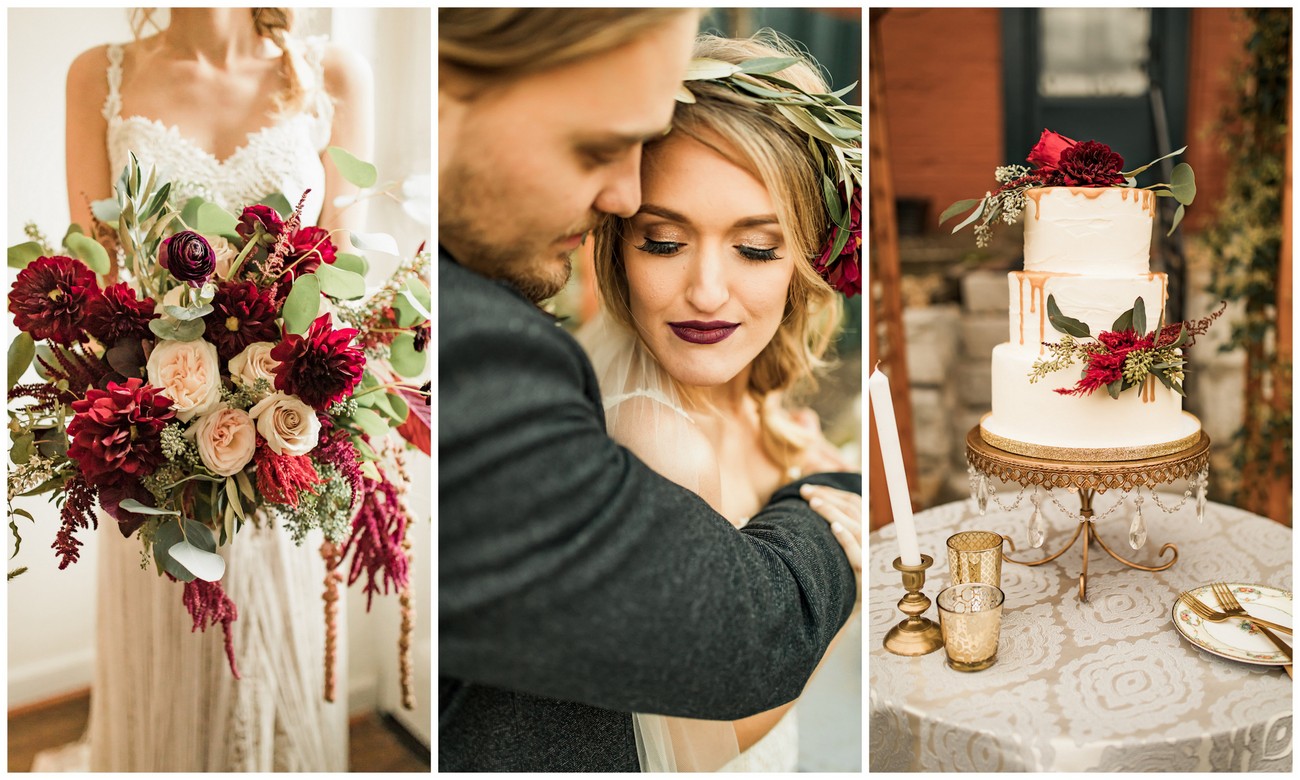 Check out these Boho-Inspired Burgundy, Ivory + Green Wedding Ideas!