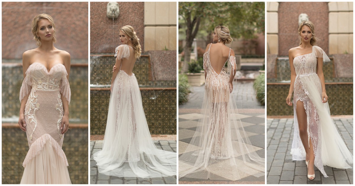 Low back wedding dress «Jazz» with detachable overskirt