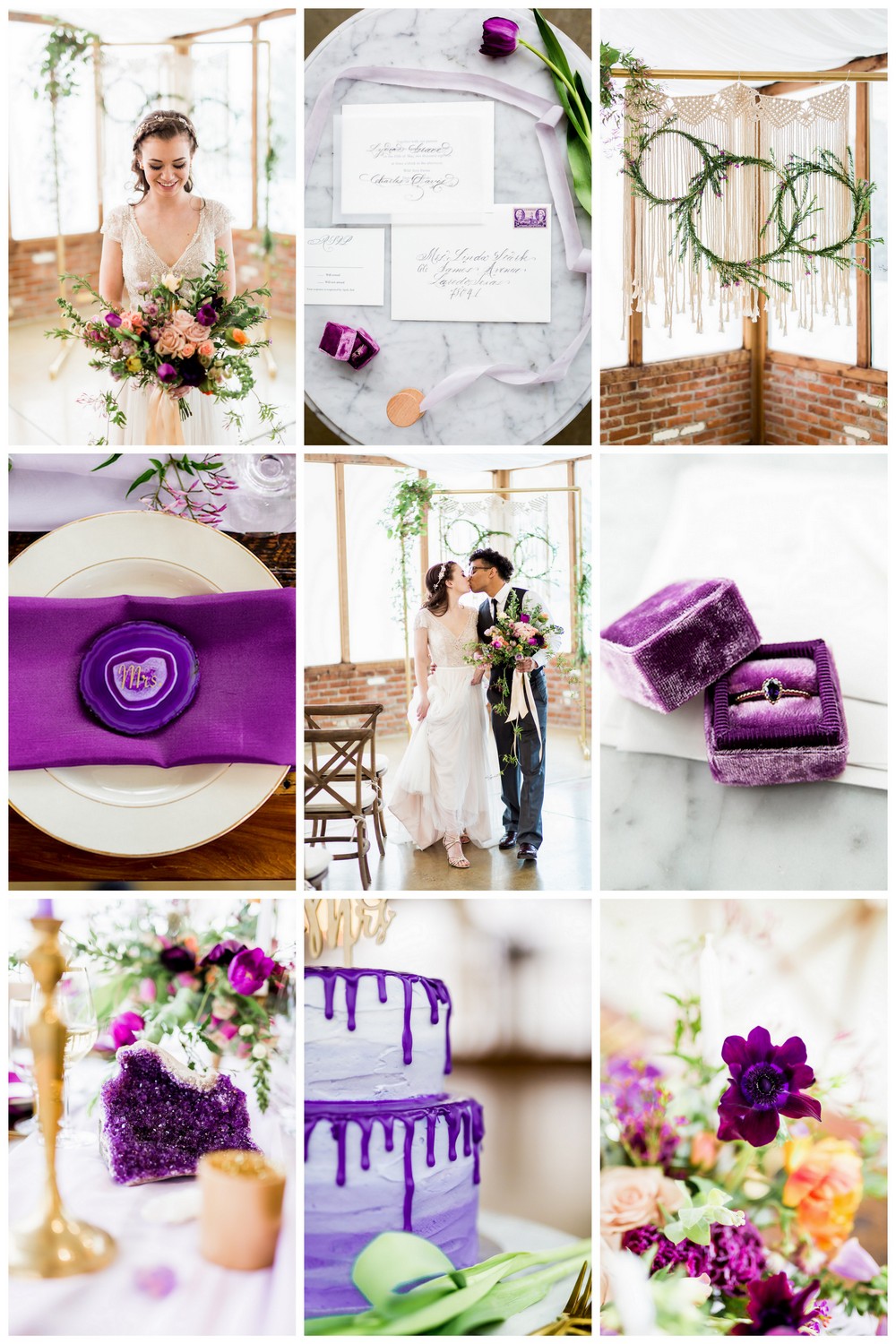 This modern indoor wedding, inspired by Pantone's Ultra Violet, is dripping with gorgeous geode deets, romantic touches and boho wedding vibes.