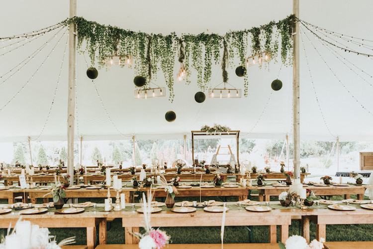 Organic Tented Wedding with Whimsical Hanging Greenery