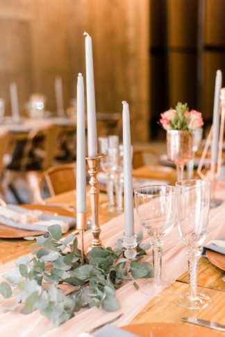 Gold Blush Geometric Boho Wedding Tablescape with tapered gray candles