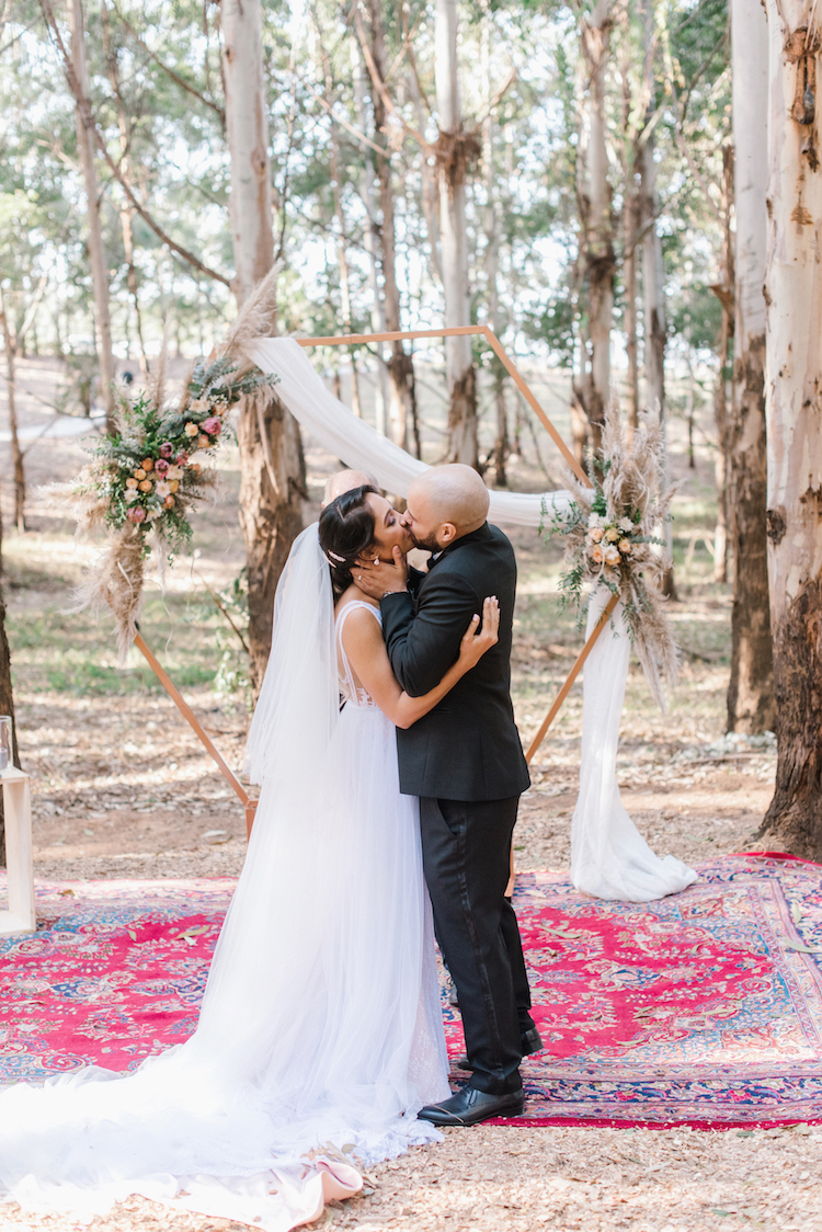 Forest Wedding with Geometric Wedding Arch and pampas grass