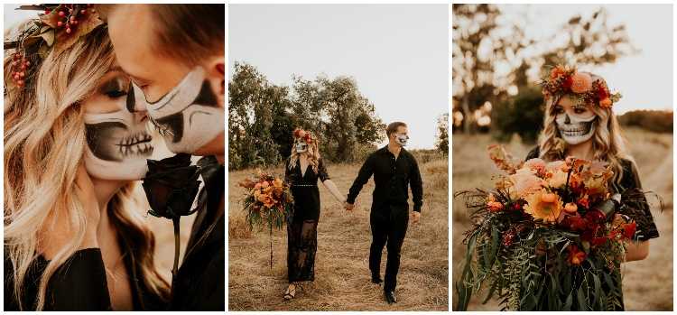 Halloween Fall Engagement Couple with Painted Skull Masks