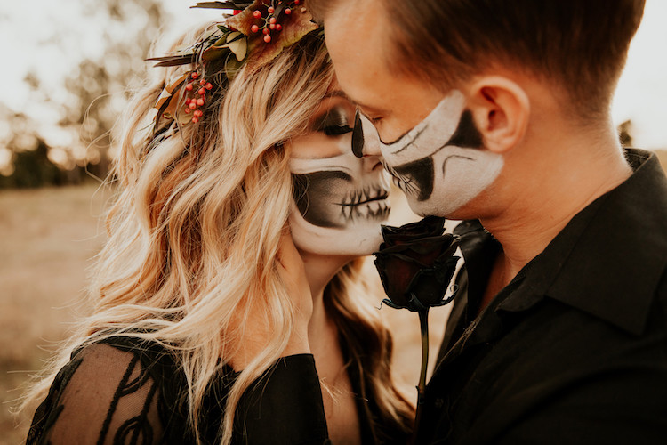 Halloween Skull Face Paint Fall Engagement Shoot