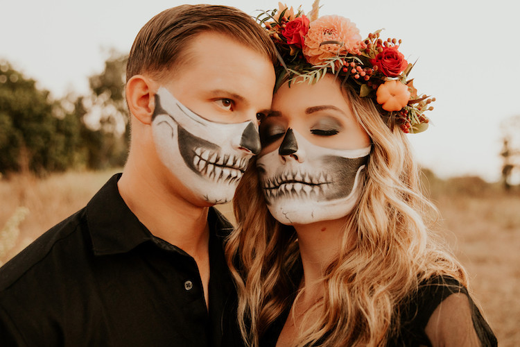 Halloween Skull Face Paint Fall Engagement Shoot