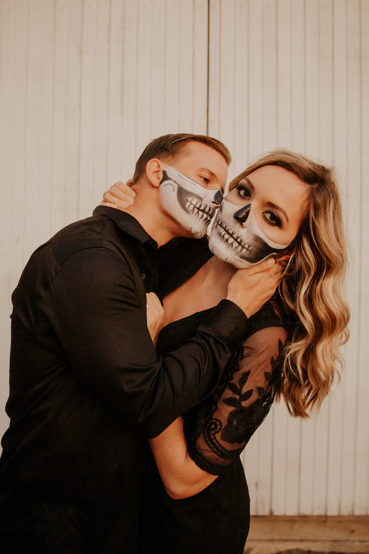 Halloween Fall Engagement Couple with Painted Skull Masks