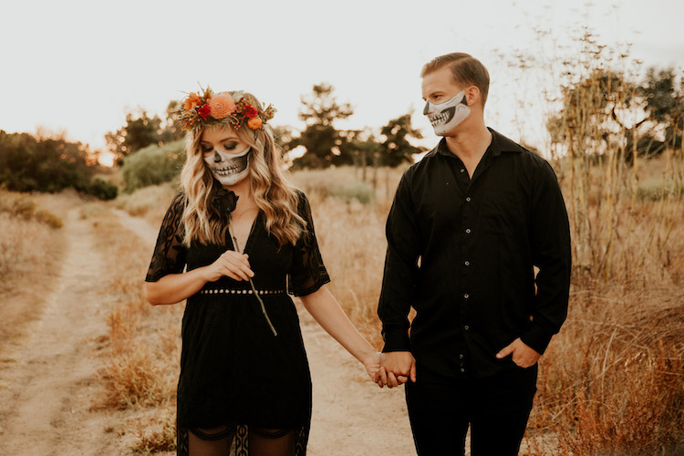 Halloween Skull Face Paint Fall Engagement Shoot