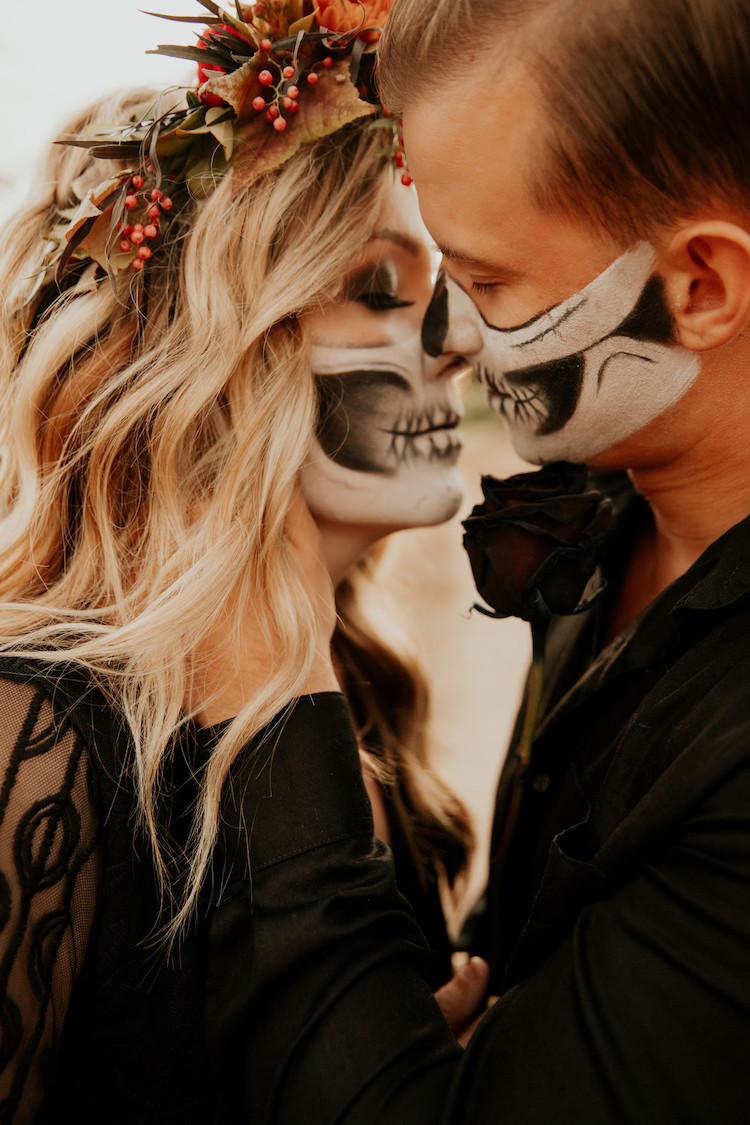 Halloween Skull Face Paint Fall Engagement Shoot