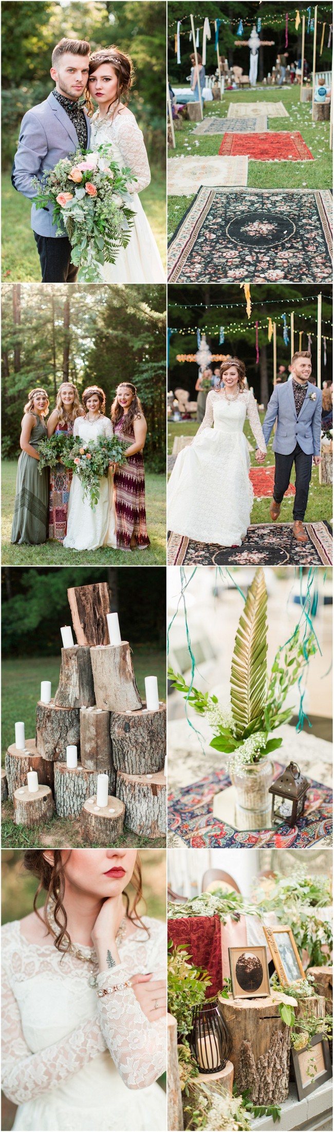 Their boho sunset campground wedding had doilies, dreamcatchers, mismatched rugs, tapestries, strings of twinkle lights overhead, candles & a Breaking Dawn inspired, vintage 1950s wedding dress!