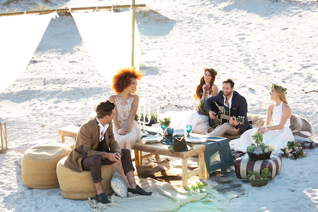 Boho beach wedding reception table and decor