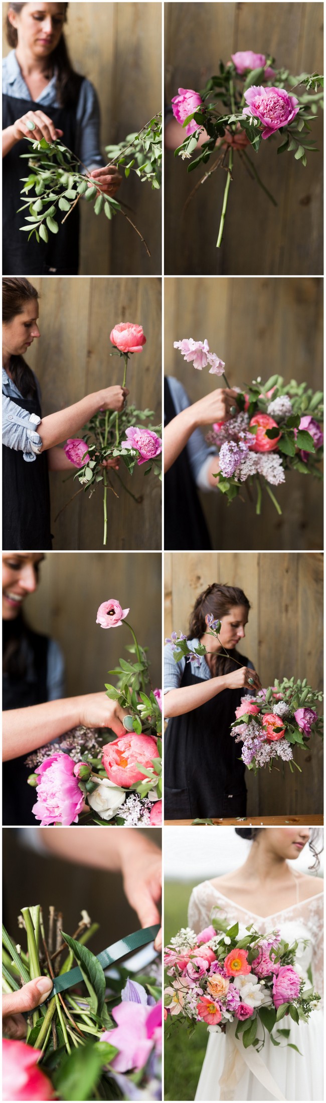 Learn how to make a lush hand tied garden bouquet. Tutorial with full instructions, flower names + photos, using peonies, ranunculus, clematis + poppies.