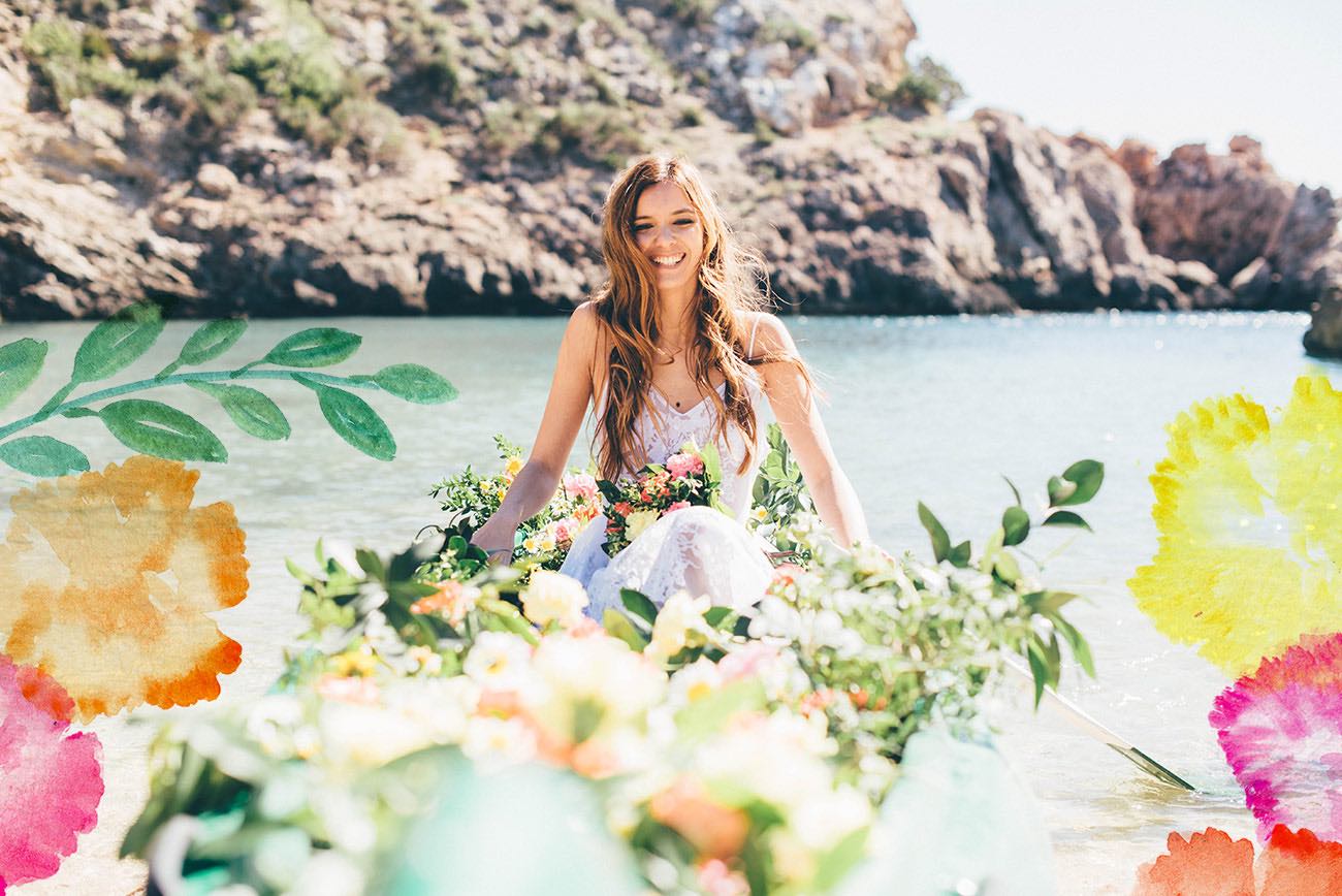 Summer Ibiza Wedding in a Canoe of flowers - Lovers Love Loving