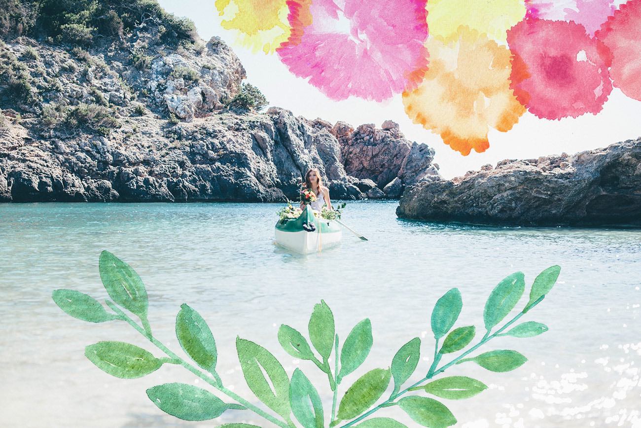 Summer Ibiza Wedding in a Canoe of flowers - Lovers Love Loving