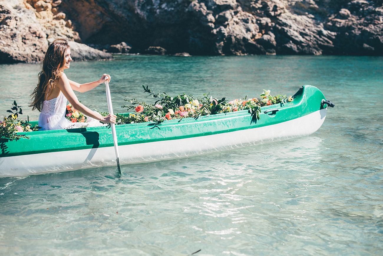 Summer Ibiza Wedding in a Canoe of flowers - Lovers Love Loving