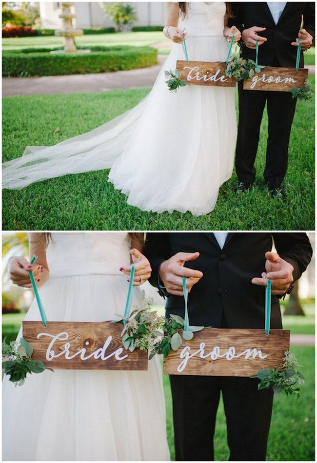 Bride and groom sign decal! Stick on the board or surface you want! See 20 more cute and creative ideas here: https://confettidaydreams.com/mr-and-mrs-signs/