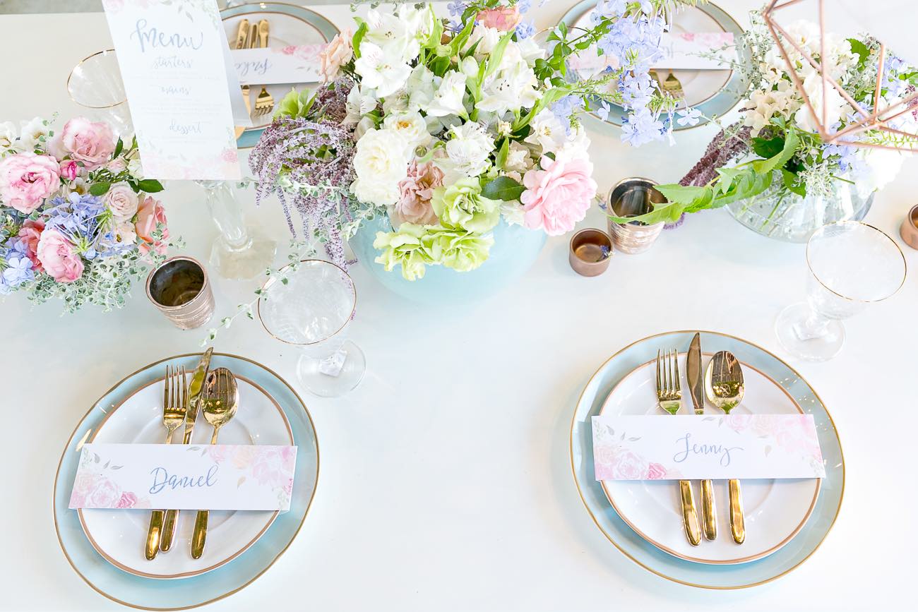 Rose Quartz Pink and Serenity Blue Geometric Wedding Ideas - Veronique Photography