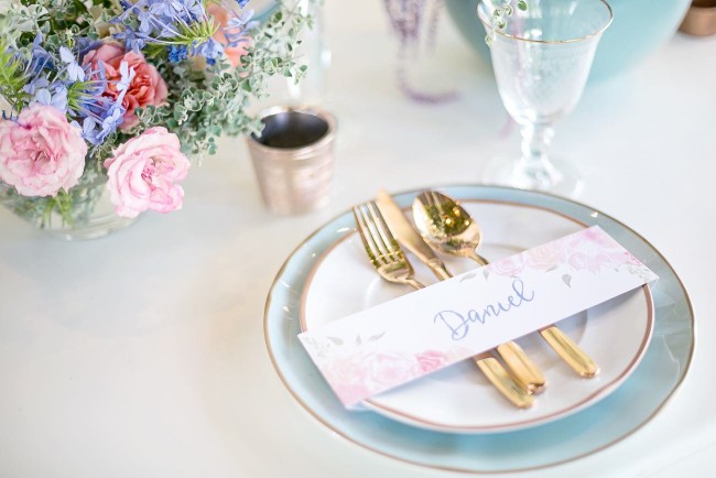 Rose Quartz Pink and Serenity Blue Geometric Wedding Ideas - Veronique Photography