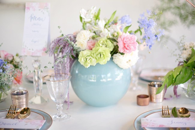 Rose Quartz Pink and Serenity Blue Geometric Wedding Ideas - Veronique Photography