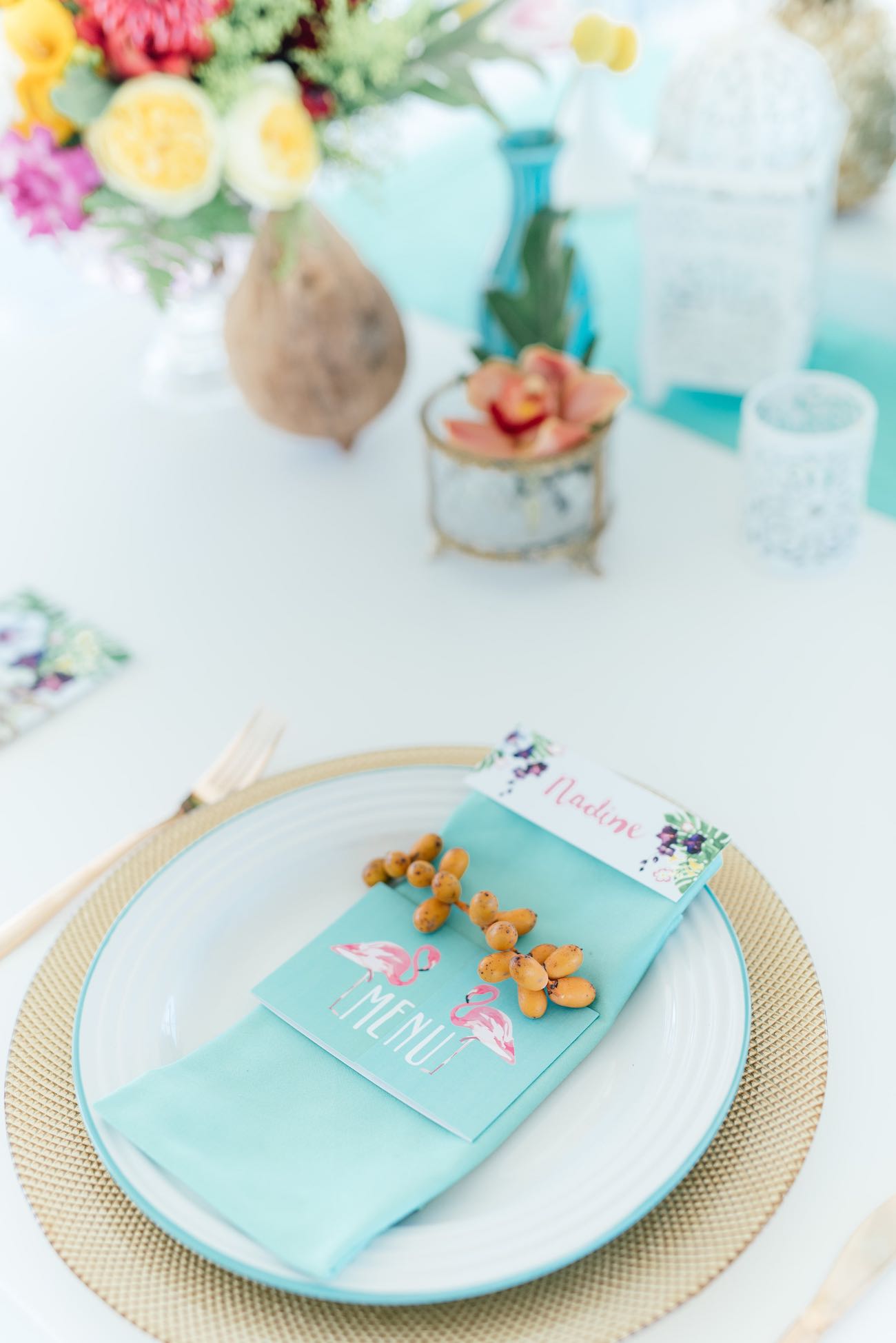 Beautiful pastel name cards and menus with tropical hand painted details. Click for the most absolutely gorgeous Tropical Wedding ideas ever!