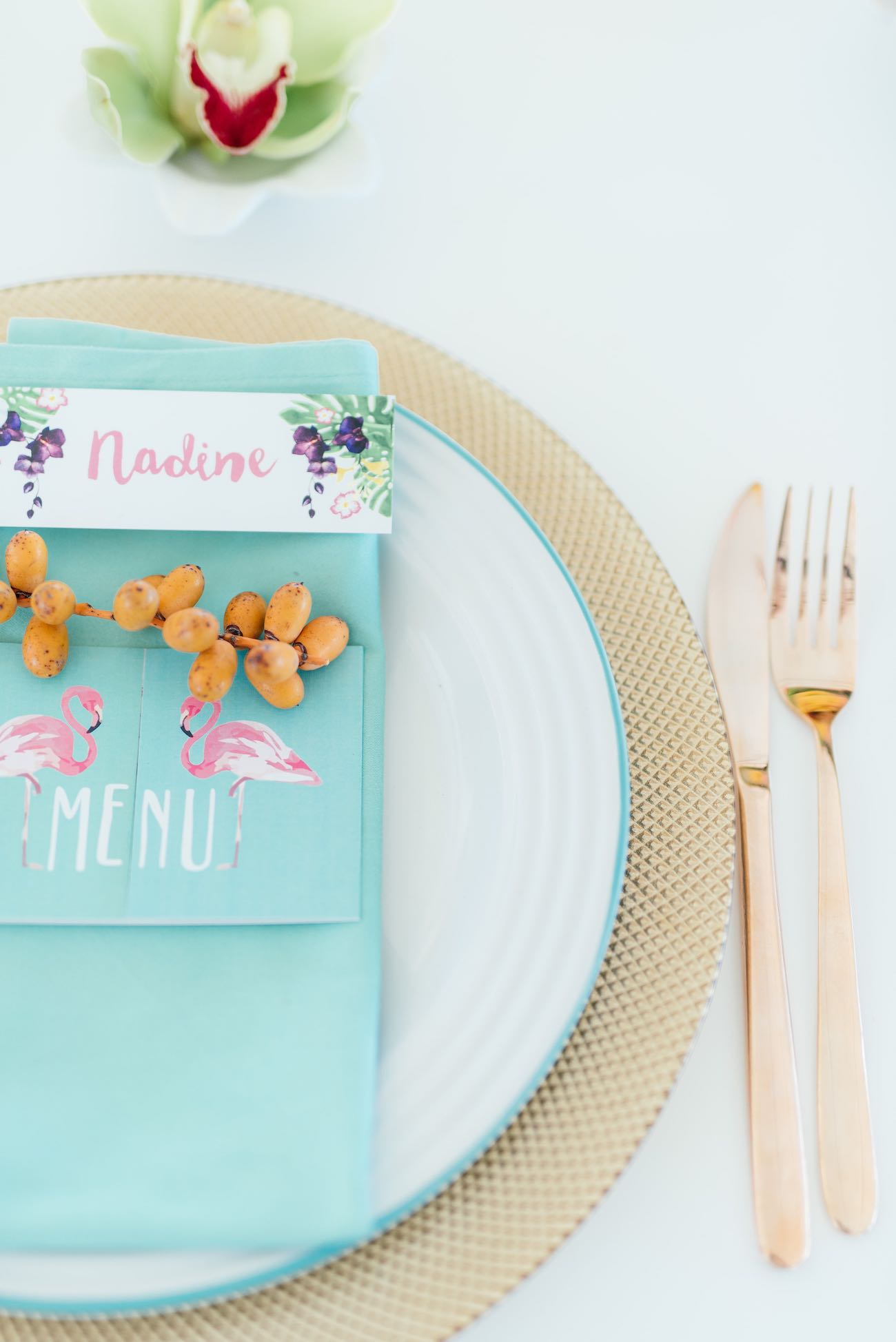 Tropical wedding place setting with hand painted menu and name card. Click for the most absolutely gorgeous Tropical Wedding ideas ever!