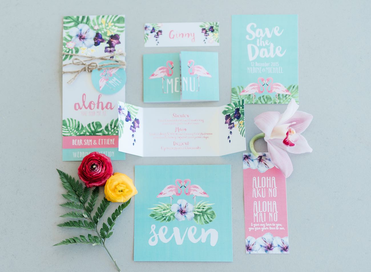 "You had me at Aloha' <3 Mint, green and pink hand painted, water color style, tropical wedding invites with beautiful ferns and flamingos. Click for the most absolutely gorgeous Tropical Wedding ideas ever!